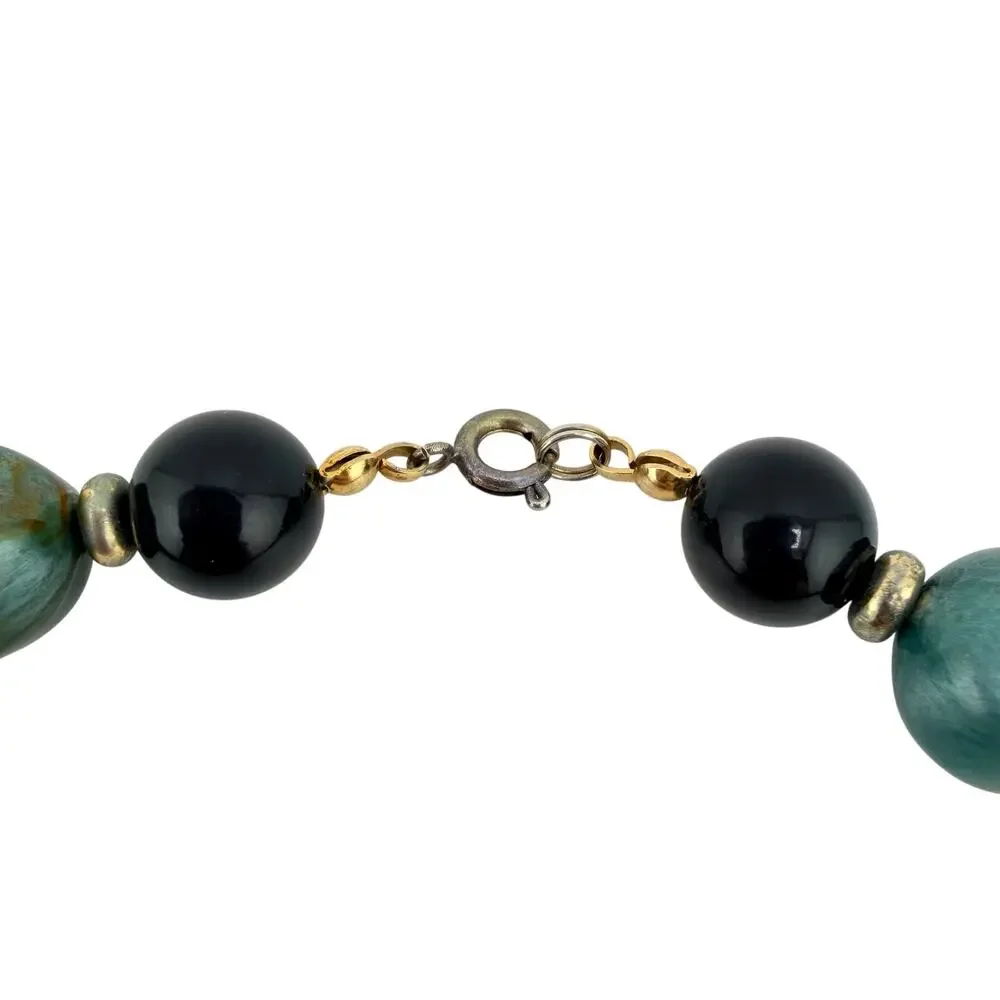 Vintage 1980s 1990s Teal Marbled Acrylic Black Gold Tone Beads 29